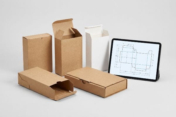 Display of kraft paper and white folding carton box styles, open and closed, with a tablet showing a CAD dieline template for packaging.