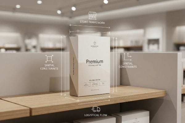 Premium Folding Carton box on shelf, illustrating retail packaging's Store Framework, Spatial Constraints, Logistical Flow.