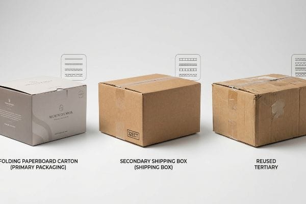 Niden Demon Folding Paperboard Carton (Primary), 32ECT Secondary Shipping Box, and Reused Tertiary box, with corrugated flute structure diagrams.