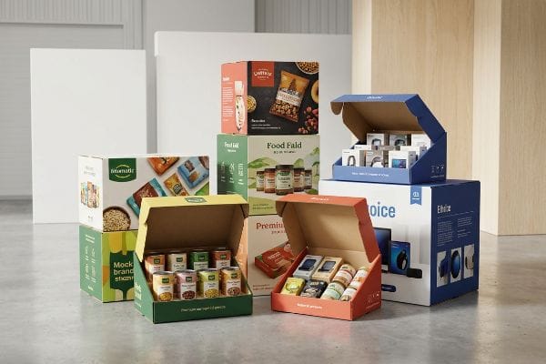 批发瓦楞纸展示盒,品牌包括 Food Fald、Ethrice、Choice、Intomatic,用于展示零售食品和电子产品。.