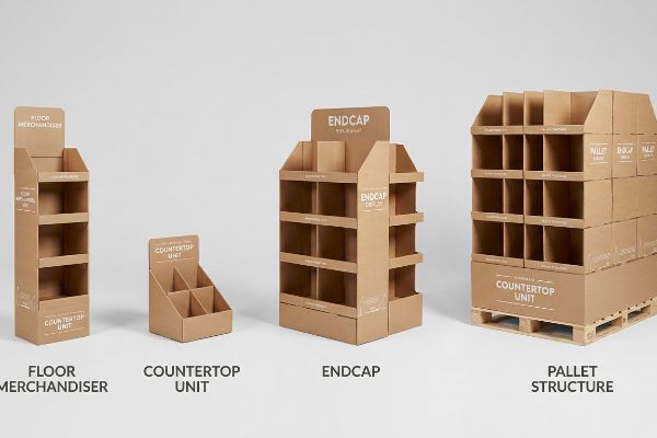 Corrugated cardboard retail displays showcasing Floor Merchandiser, Countertop Unit, Endcap, and Pallet Structure types.