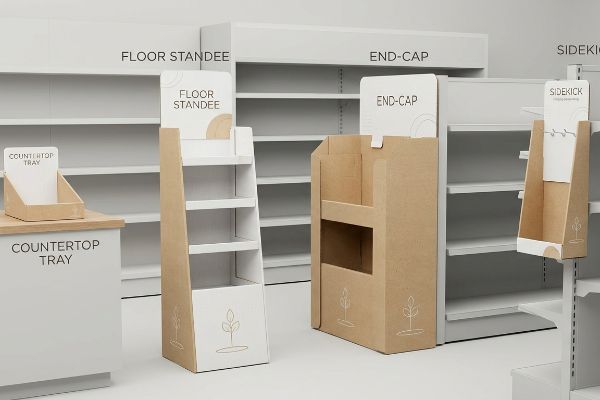 Kraft and white cardboard retail displays: Countertop Tray, Floor Standee, End-Cap, and Sidekick units in an empty store aisle.