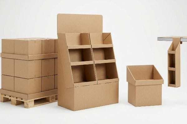 Plain brown cardboard floor unit, pallet stacker with boxes, countertop tray, and sidekick fixture demonstrate diverse retail display types.