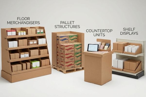 Verkaufsdisplays aus Wellpappe: Bodenaufsteller, Palettenstrukturen, Thekenaufsteller und Regalaufsteller mit Produktkartons.