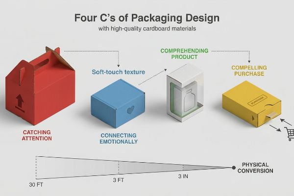Four distinct cardboard boxes illustrate the Four C's of Packaging Design: Catching Attention, Connecting Emotionally with soft-touch texture, Comprehending Product, and Compelling Purchase, detailing retail spatial engagement from 30 feet to physical conversion.