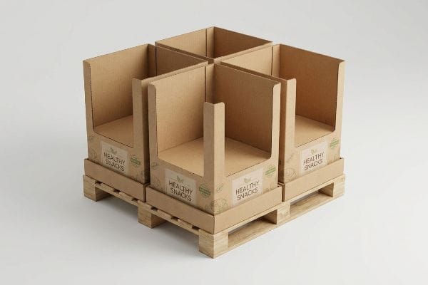 Corrugated cardboard quarter pallet POP display units, labeled