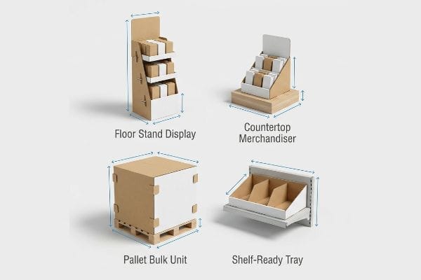 Cardboard retail displays: Floor Stand, Countertop Merchandiser, Pallet Bulk Unit, and Shelf-Ready Tray, showing dimensions.