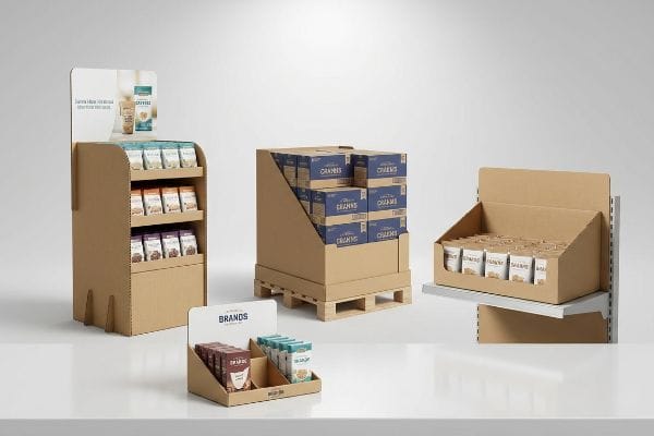 Corrugated cardboard retail displays, featuring a floor standee, palletized merchandiser, shelf-ready tray, and countertop unit with various Brands and Crams products.
