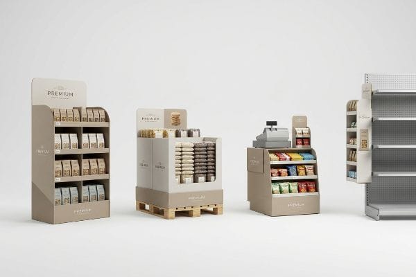 Cardboard retail displays: floor, pallet, countertop with cash register, and sidekick units, displaying Premium goods.