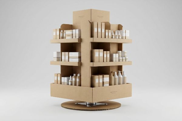 クラフト紙製の回転式ディスプレイスタンドに、The Clean Co.の化粧品が段状の棚に陳列されている。.