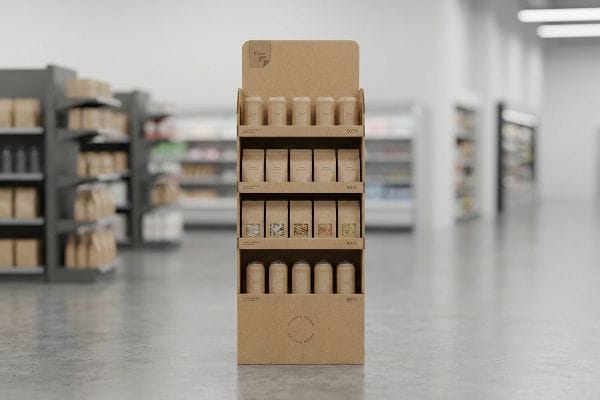 Expositor de chão em papelão ondulado Kraft com quatro níveis para produtos em um corredor de loja, otimizando o espaço de exposição.