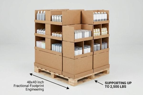 Heavy-duty corrugated point-of-purchase display on a wood pallet, engineered with 48x40 inch Fractional Footprint and Supporting Up To 2,500 Lbs, filled with various products.