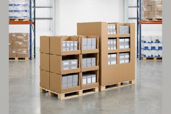Corrugated cardboard bespoke pallet displays, featuring modular compartments filled with grey product boxes, stand on wooden pallets in a warehouse setting.
