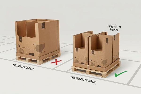 Die aus braunem Wellpappkarton gefertigte Vollpaletten-Displayfläche wurde abgelehnt; im Gegensatz dazu stehen die genehmigten Viertelpaletten-Displays auf einer halben Palettenfläche.