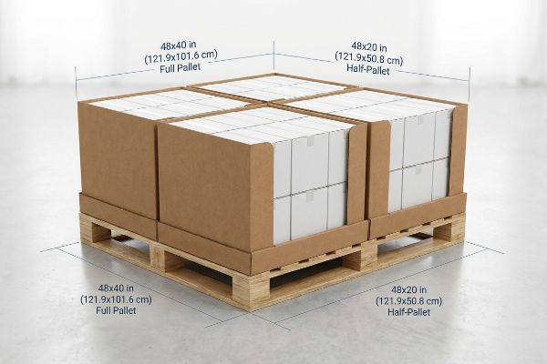 Wooden pallet with four brown corrugated displays, showing 48x40 inch Full Pallet and 48x20 inch Half-Pallet dimensions.