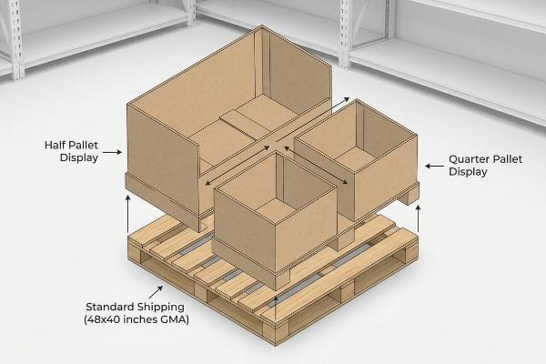 Wooden standard shipping pallet (48x40 inches Gma) supports one half pallet display and two quarter pallet displays.