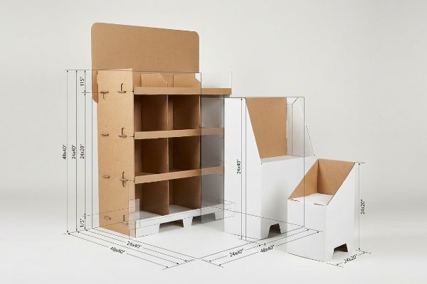 Corrugated cardboard floor stands showing 48x40, 24x40 half pallet, and 24x20 quarter pallet fractional dimensions.