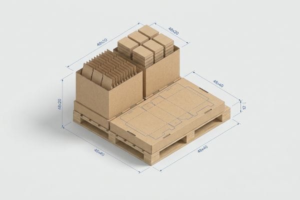 Kraft corrugated cardboard half-pallet display components, including two 48x20 boxes with inserts and flat-packed units, on a 48x40 wooden pallet.