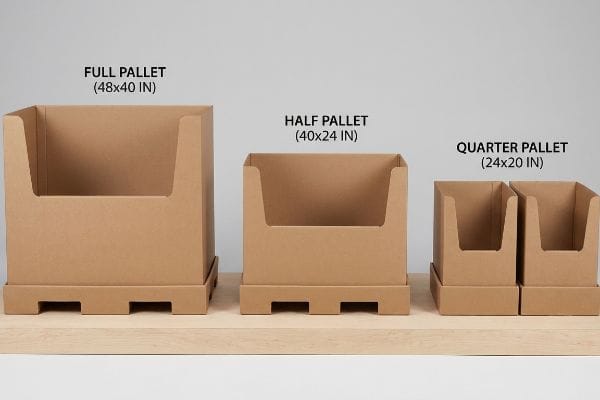 Three empty brown corrugated cardboard pallet displays, labeled Full Pallet (48x40 In), Half Pallet (40x24 In), and Quarter Pallet (24x20 In), showcase fractional retail geometry.