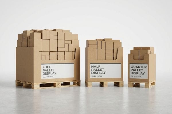 Corrugated cardboard pallet displays: Full (48x40 inches), Half (48x20 inches), Quarter (24x20 inches), filled with brown boxes.