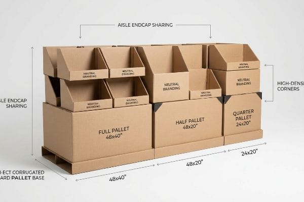 Modulares Displaysystem aus Wellpappe mit Voll-, Halb- und Viertelpaletten, neutralem Branding und 32-ECT-Basis.