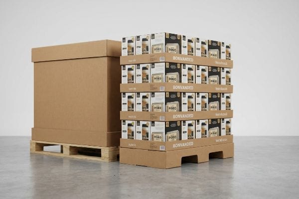 Brown cardboard shipping box on a wooden pallet beside a Bonvanded Pisso Beer Sauce fractional pallet display.