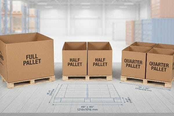 Cardboard Full, Half, Quarter Pallet bins on wooden pallets, showing 48x40 inch (1219x1016 mm) fractional geometry for logistics.