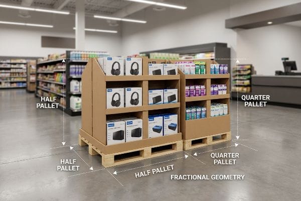 Cardboard point-of-purchase displays, a Half Pallet and a Quarter Pallet, showcasing products on wooden pallets in a retail aisle, illustrating Fractional Geometry.