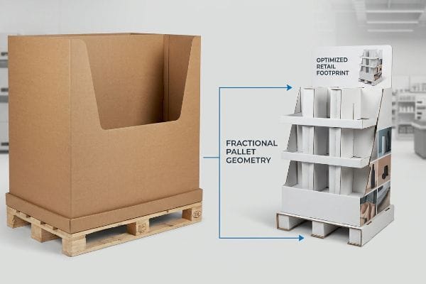 Brown corrugated full-pallet shipper box on a wooden pallet next to a white multi-tiered retail display, illustrating Fractional Pallet Geometry for an Optimized Retail Footprint.