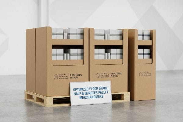Corrugated cardboard fractional display units from Custom Packaging Solutions on a wooden pallet, with a sign for 'Optimized Floor Space: Half & Quarter Pallet Merchandisers'.
