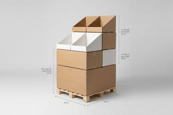 A wooden pallet holds modular kraft and white cardboard display boxes, detailing Full Pallet Footprint 48x40, Half Pallet Modules 48x20, and Quarter Pallet Modules 24x20.