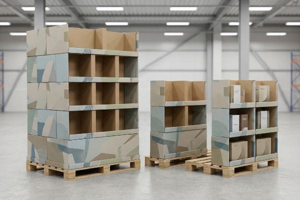 Patterned corrugated POP displays: full, half, and quarter pallet sizes on wooden bases in a warehouse.