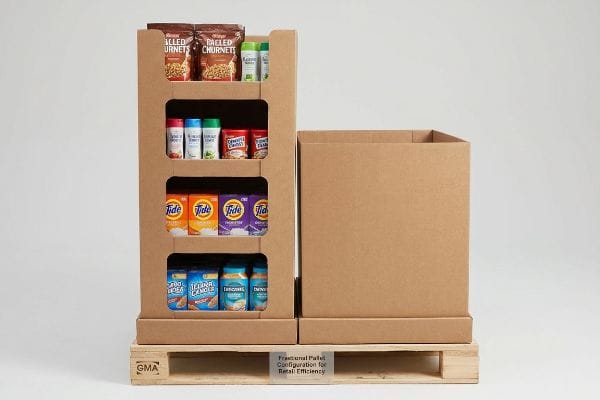Brown cardboard fractional pallet display on a Gma wood pallet, stocked with Tide, Cheez-It, and Pringles, next to an empty box, labeled 'Fractional Pallet Configuration for Retail Efficiency'.