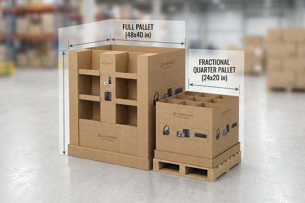 Corrugated cardboard full pallet (48x40 in) and fractional quarter pallet (24x20 in) displays for Companic products, maximizing retail floor space.