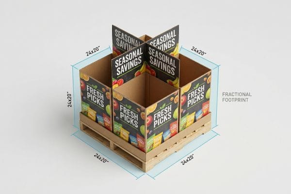 Brown corrugated cardboard dump display on a wooden pallet, featuring four sections with 'Fresh Picks' branding and 'Seasonal Savings' headers, highlighting a 24x20 inch fractional footprint.