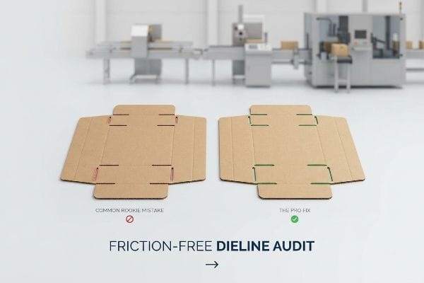 Corrugated cardboard dielines showing Common Rookie Mistake (red lines) versus The Pro Fix (green lines) for Friction-Free Dieline Audit.