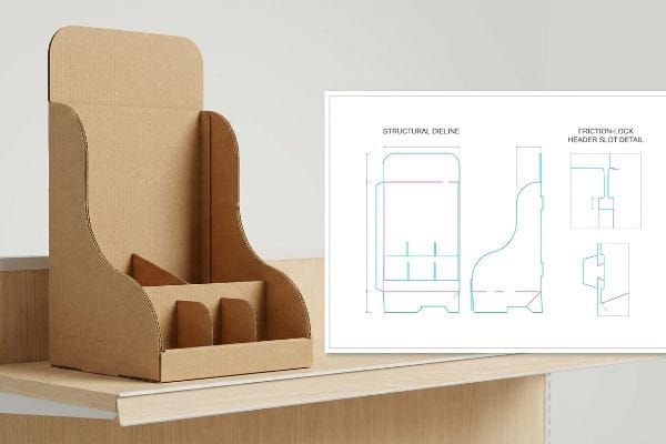 Natural corrugated cardboard retail display stand featuring curved sides, internal dividers, and a technical Structural Dieline with Friction-Lock Header Slot Detail.