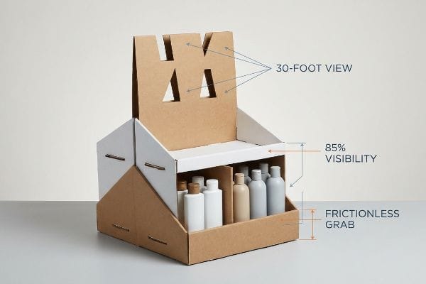 Kraft paper retail display showcasing CPG bottles, optimized for 30-Foot View, 85% Visibility, and Frictionless Grab.