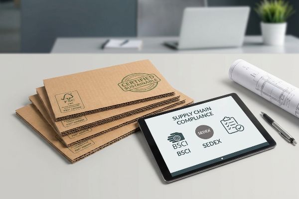 Corrugated cardboard sheets feature a Certified Sustainable stamp and FSC 123456 logo, with a tablet displaying Supply Chain Compliance, BSCI, and SEDEX.