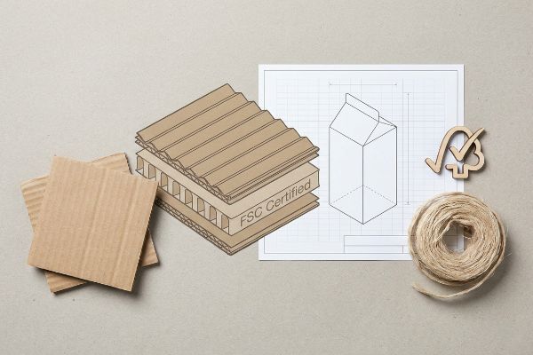Corrugated cardboard, FSC Certified board layers, milk carton blueprint, and wooden FSC logo on a light background.