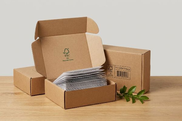 三个棕色瓦楞纸箱,其中一个打开,里面装着白色信封,木质表面上印有 FSC 和 FSC Certified Packaging 标志。.