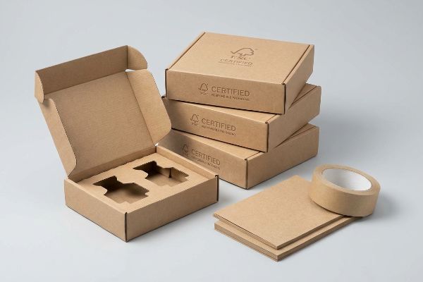 Brown corrugated cardboard packaging includes an open box with a custom insert, stacked FSC Certified boxes, and eco-friendly paper tape.