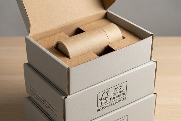 FSC® 认证包装盒堆叠在一起,其中一个打开的盒子露出一个棕色纸管和瓦楞纸板内衬。.