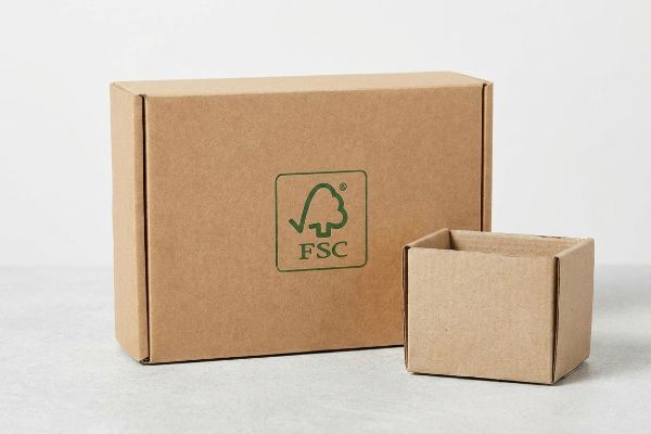 A pair of brown FSC-certified cardboard boxes, one closed and one open, for sustainable packaging.
