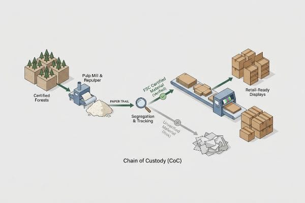 监管链 (CoC) 流程图显示了 FSC 认证材料从认证森林到零售展示品的整个过程,包括纸浆厂、纸质追踪、隔离和追踪,并突出了未经核实材料的风险。.
