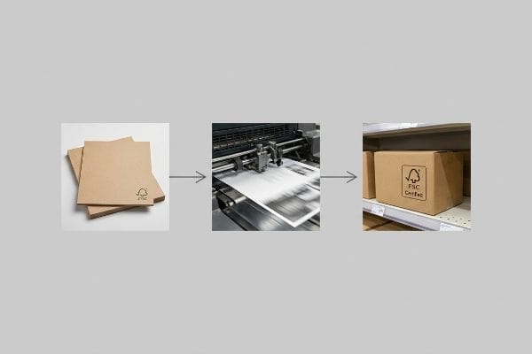 FSC 认证的牛皮纸、印刷机和一个棕色的 FSC 认证纸板箱,展示了监管链。.