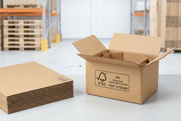 Corrugated cardboard sheets and an assembled FSC-certified box, labeled 'Mix Board from responsible sources FSC C123456'.