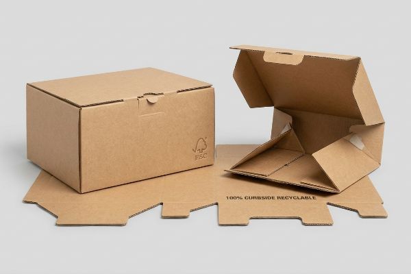FSC certified, 100% Curbside Recyclable corrugated packaging, with one closed and one unfolded eco-friendly mono-material box.