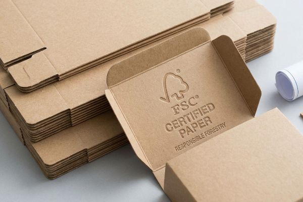 An open brown kraft paper box displays the embossed FSC® Certified Paper Responsible Forestry logo, surrounded by stacks of flat-packed corrugated cardboard boxes.