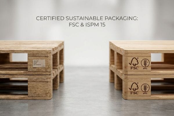 两个浅棕色木托盘,上面印有“经认证的可持续包装:FSC 和 ISPM 15”字样,并带有 FSC 和 IPPC 标志。.